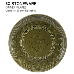 Ceramic Hand Glazed Large Embossed Dinner Plates Set Of 6 - 10.6 Inch, Moss Green | Handcrafted Stoneware - Microwave Safe & Dishwasher Safe