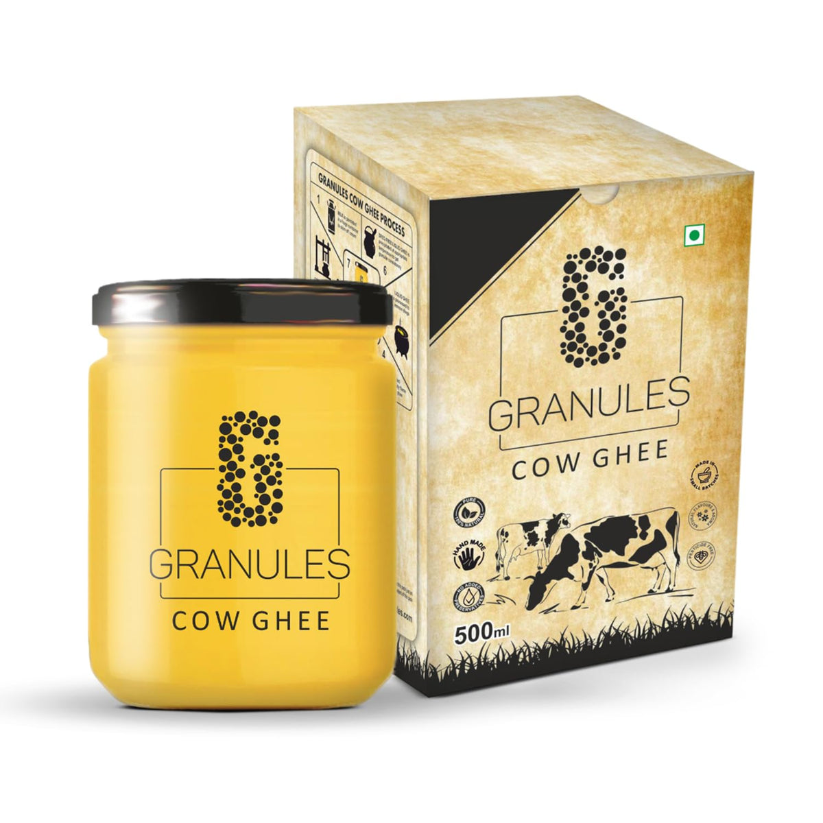 Premium Natural Cow Ghee By Granules | Healthy & Flavorful Nutrients Pure Cow Desi Ghee Good For Weight Management | (500ml) 16.9 Ounce | Jar Pack