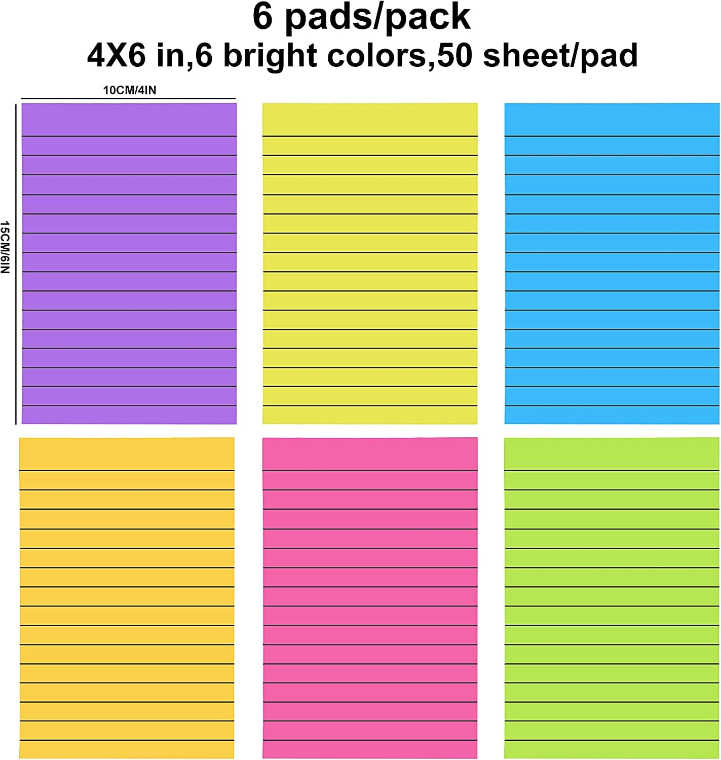 Lined Sticky Notes Pad - Easy To Post For School, Office, Desk Accessories - 6 Pads X 45 Sheets