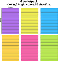 Lined Sticky Notes Pad - Easy To Post For School, Office, Desk Accessories - 6 Pads X 45 Sheets