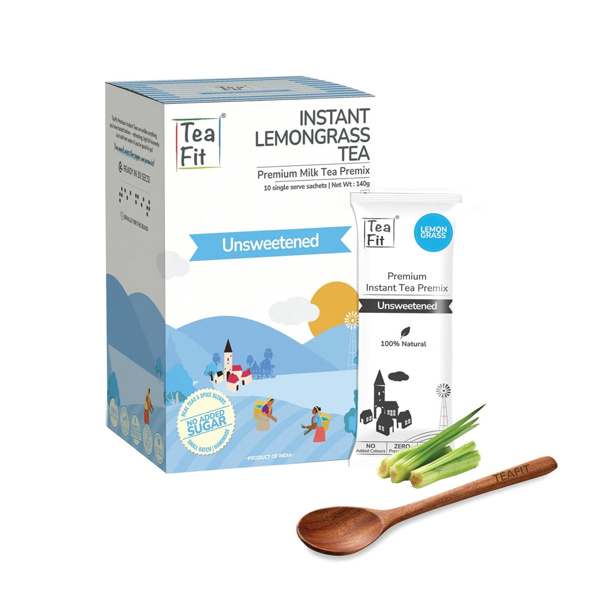 Teafit Unsweetened Instant Lemongrass Tea Premix - Pack Of 30 Sachets, 420gm, 14.8 Ounce | Premium Milk Tea Premix, Just Add Water - Strong Home Like Chai Tea | Low Caffeine