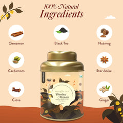 Saffron Cup Bombay Masala Black Tea - 100gm Tin, 3.5 Ounce | Orthodox Tea Blended With Fresh Spices Ginger, Cardamom, Cinnamon, Cloves & Black Pepper - Medium Caffeine, Boost Heart Health
