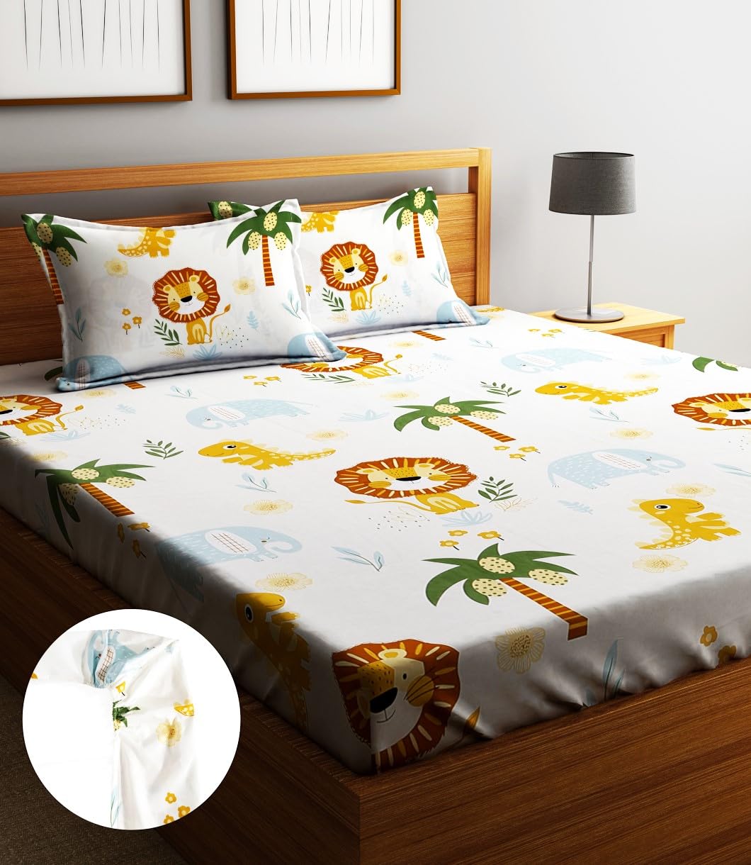 Microfiber Kids Lions Elastic Fitted Double Bedsheet With 2 Pillow Covers | 78 X 72 Inches, Orange | Normal Hand Wash Or Machine Wash