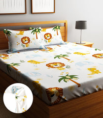 Microfiber Kids Lions Elastic Fitted Double Bedsheet With 2 Pillow Covers | 78 X 72 Inches, Orange | Normal Hand Wash Or Machine Wash