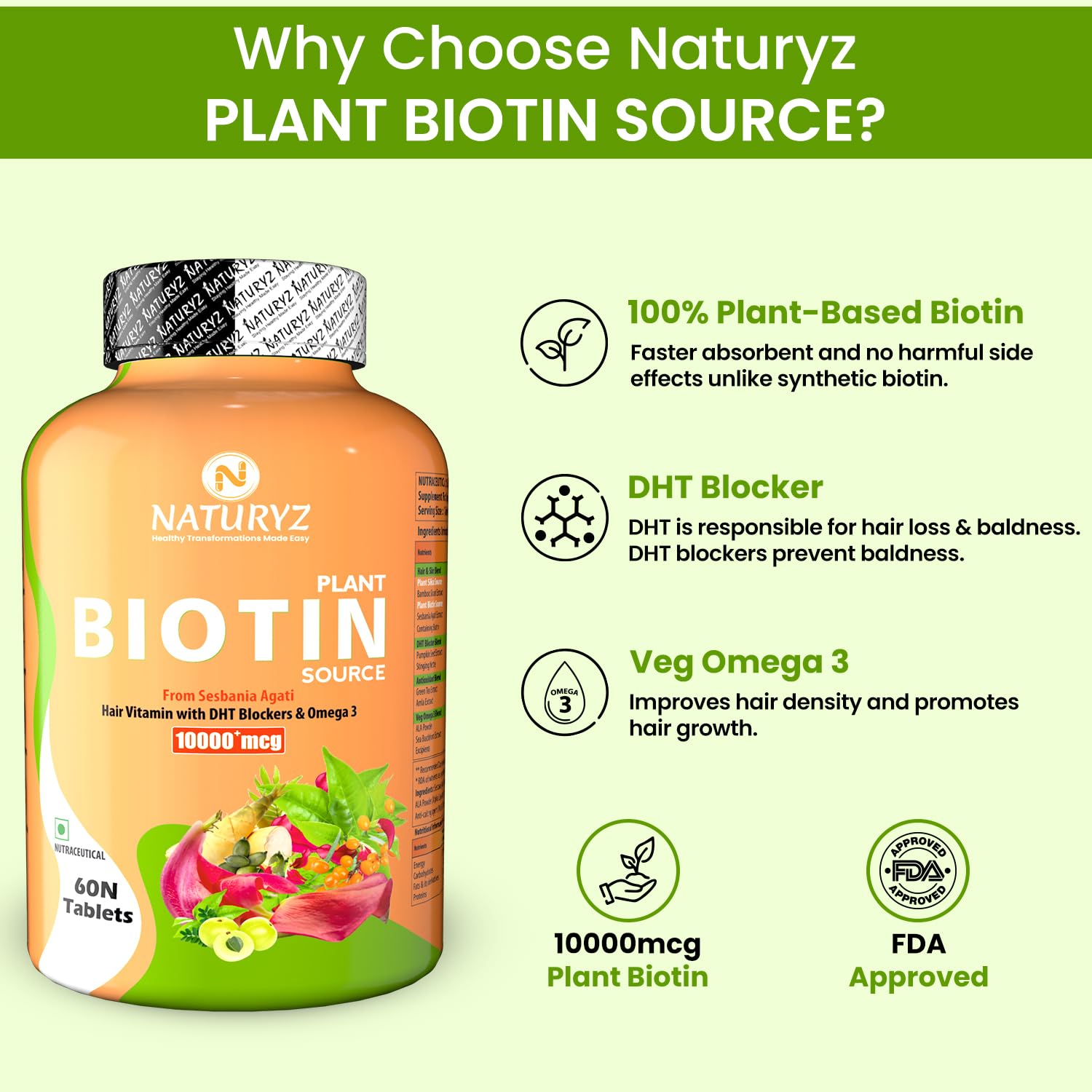 Naturyz 100% Plant Based Biotin Tablets With High Protein Vitamin Dht Omega 3 For Strong Hairs, Nails Growth & Glowing Skin | 60 Tablets , 100gm 0.2lbs
