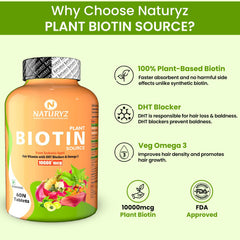 Naturyz 100% Plant Based Biotin Tablets With High Protein Vitamin Dht Omega 3 For Strong Hairs, Nails Growth & Glowing Skin | 60 Tablets , 100gm 0.2lbs