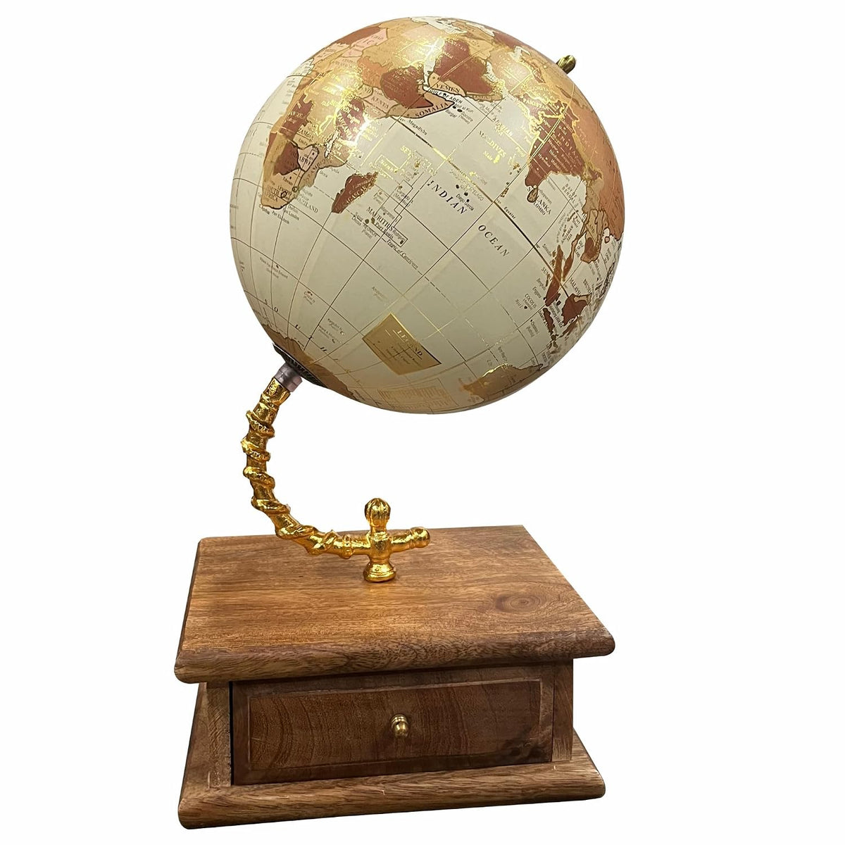 Home Decor 8 Inch Diameter World Globe On Gold Arc & Wooden Storage Drawer For Office Table, Gift Item, Interior Decoration & Educational - Cream, Pack Of 1