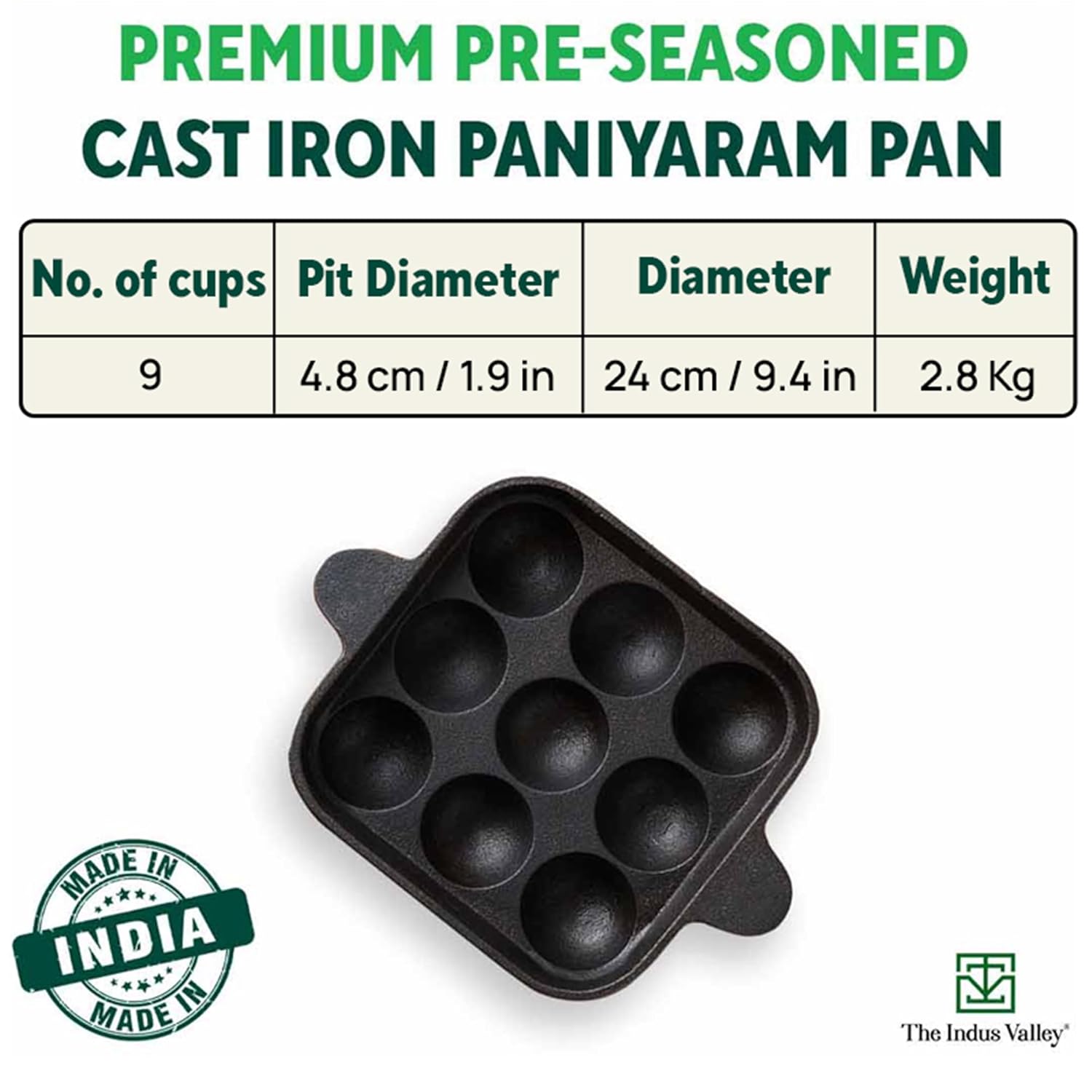 Pre-Seasoned Black Cast Iron Square Paniyaram Pan With Spatula - Small, 9 Pit, 9.4 Inch, 2.8 Kg | Induction Friendly - Nonstick Appe Or Paddu Pan,100% Pure & Toxin-Free, No Chemical Coating