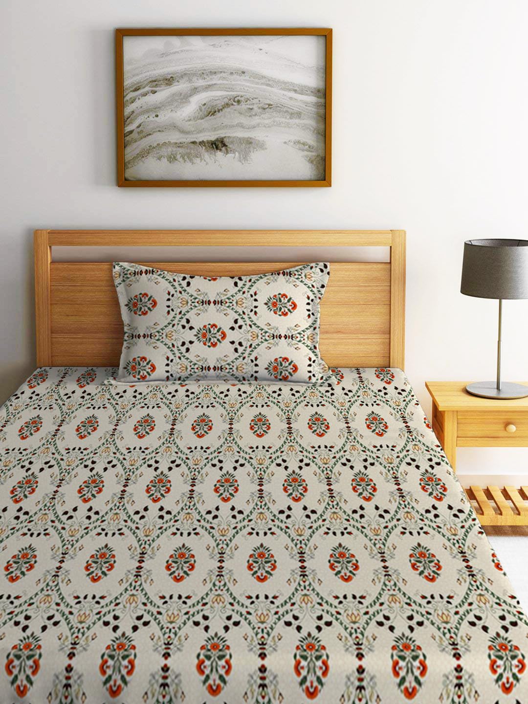 Jaipuri Single Bedsheet With 1 Pillow Cover - 42 X 75 X 8 Inches, Beige | Super Soft Premium Brushed Glace Cotton | Breathable & Wrinkle-Free | Elastic Fitted Bedsheet