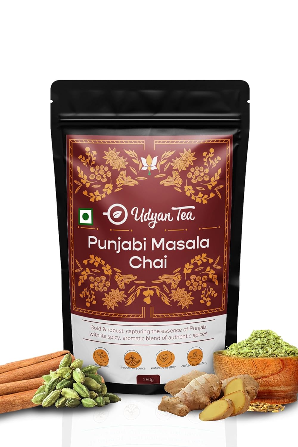 Udyan Tea Punjabi Masala CTC Chai - 250gm, 8.8 Ounce | Premium Black Tea With Cardamom, Ginger & Fennel - Natural, Antioxidant-Rich, Preservative-Free | High Caffeine Tea Leaf