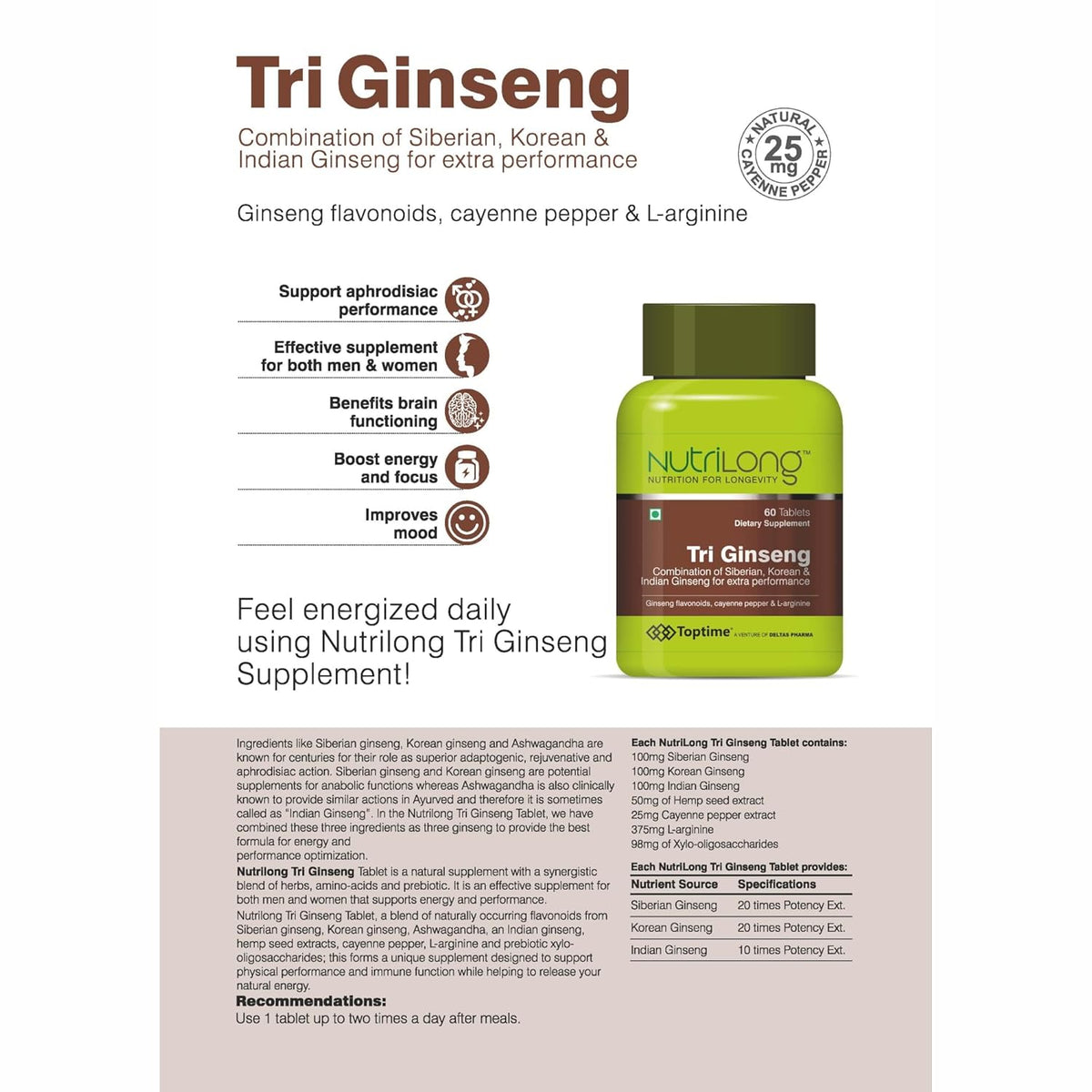 Nutrilong Tri Ginseng Energy, Stamina, & Immune Support, Supports A Healthy Immune System With Potent Ginseng Extracts | 60 Tablets 100gm 0.2lbs