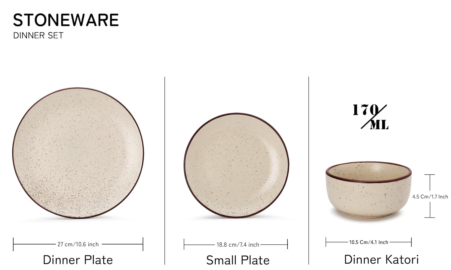 Handcrafted Ceramic Stoneware Dinner Set - Pack Of 12, Beige Speckle | 4 Dinner Plates, 10.6 Inch Each + 4 Small Plates, 7.4 Inch Each+ 4 Small Dinner Bowl, 170ml Each - Microwave & Dishwasher Safe