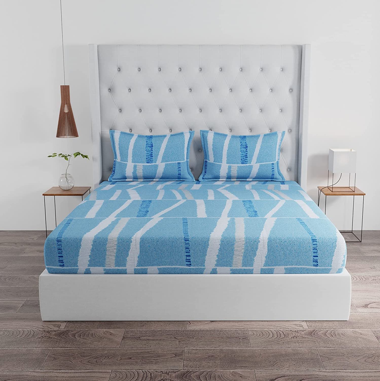 King Size Bedsheet With 2 Pillow Covers - 110 X 108 Inches, Sky Blue & White | Ideal For House, Guest House, Hotel | Soft & Comfortable Sleep Experience