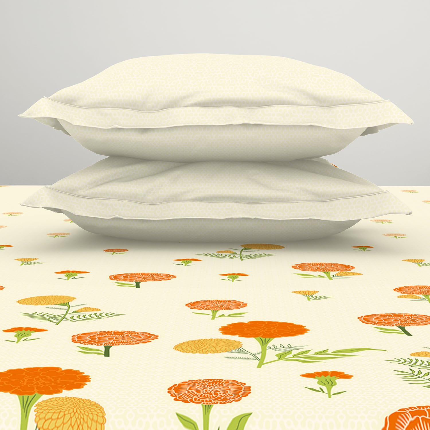 Double Bedsheet With 2 Pillow Covers (Size 88 X 100 Inch) Cream | Breathable Pure Cotton Queen Size Bedsheet | Floral Design Bedsheet