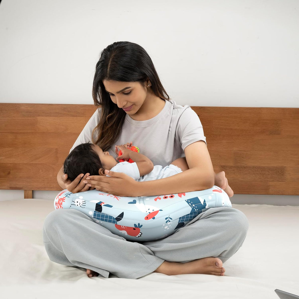 Nursing Pillow With Cape, For Breastfeeding & Baby Care, Coral Dive - Light Sky-Blue | 5 In 1 Feeding Pillow With 100% Cotton Removable Cover | Super Soft & Machine Washable Comfortable