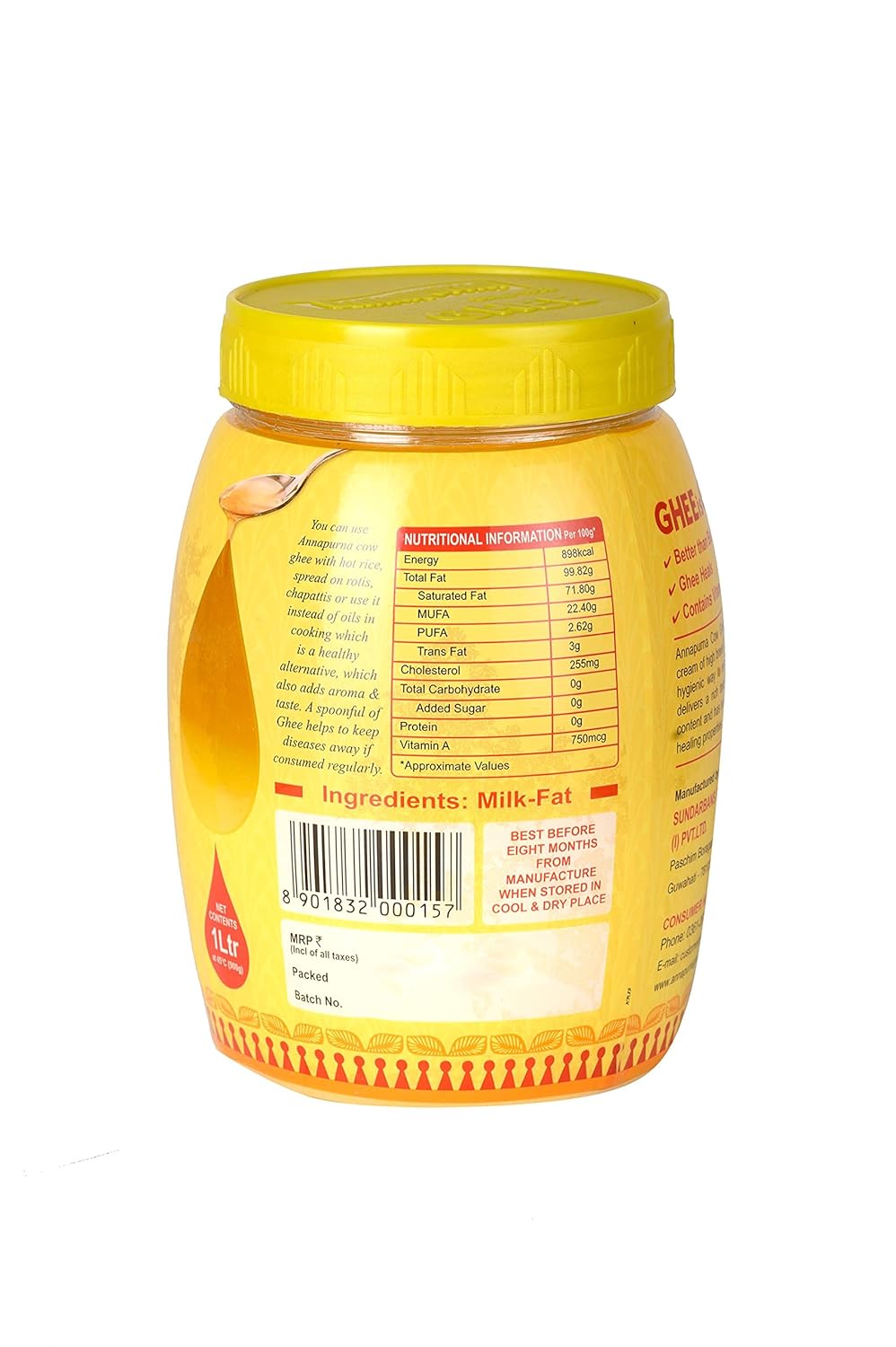 Premium Pure Cow Ghee By Annapurna | Rich In Vitamin A, D, E & K Healthy Nutrients Pure Desi Ghee Protact Your Eyesight | (1 Litre) 33.8 Ounce | Jar Pack