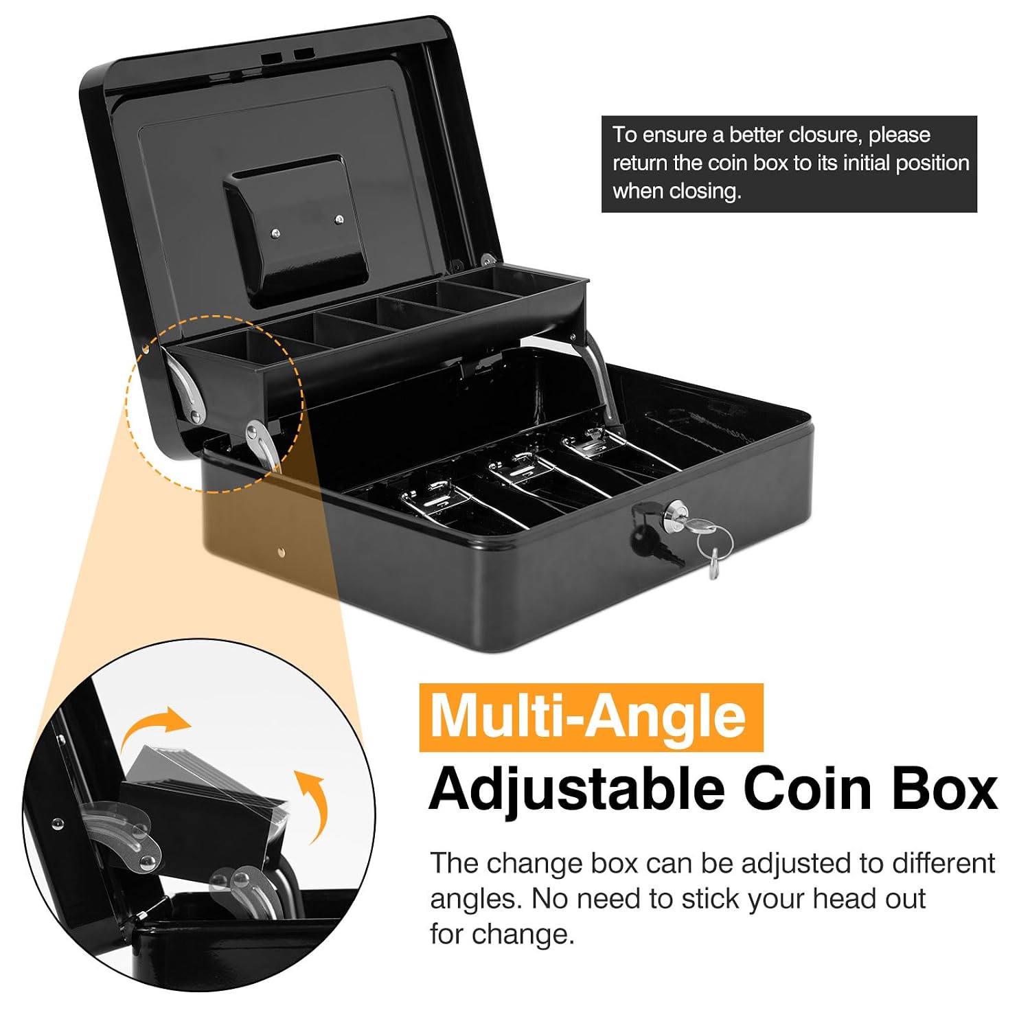 Locking Cash Box With Carry Bag, Metal Money Box With Money Tray, Durable Lock Safe Box With Key, 4 Bill 5 Coin Slots, Cantilever Design, Large Cash Boxes, Money Saving Organizer, Colour - Black