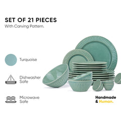 Ceramic Dinner Set Of 21 Pcs, Light Mint | Crockery Set - Dining Sets Crockery Items | 6 Dinner Plates+ 6 Quarter Plates+ 6 Veg Bowls, 200ml Each+ 2 Medium Bowls, 900ml Each+ 1 Large Bowl, 1400ml