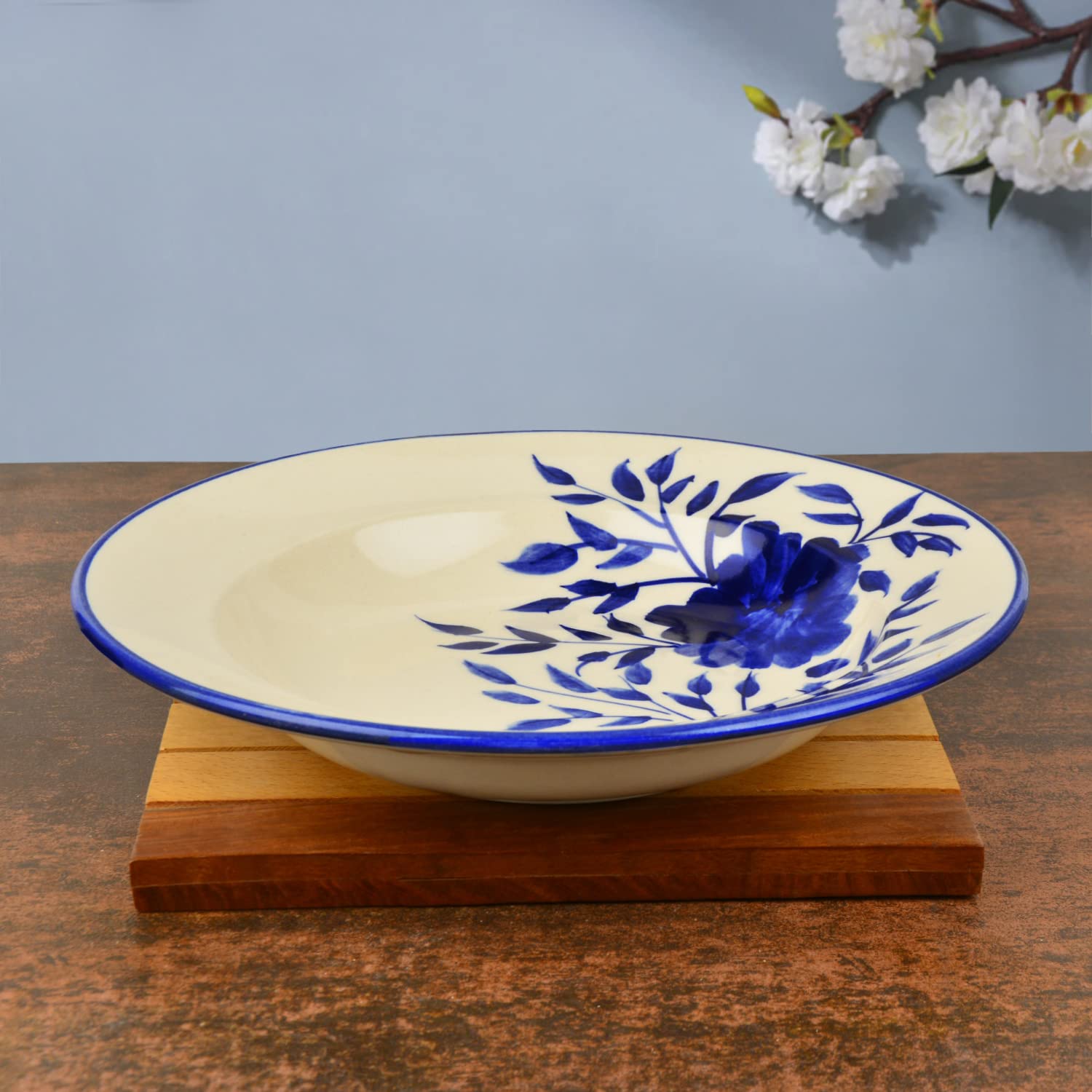 Hand Painted Premium Ceramic Floral Deep Pasta Plate Set Of 1 - Diameter: 9.5 Inches, Blue & Off White | Soup Plate - Maggi Plate