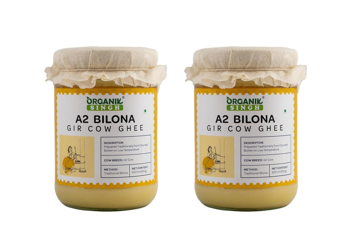 Premium A2 Bilona Desi Gir Cow Ghee By Organik Singh | Great Source Of Energy & Vitamin Healthy Desi Ghee | 1 Litre (500ml * 2) 33.8 Ounce | Glass Jar