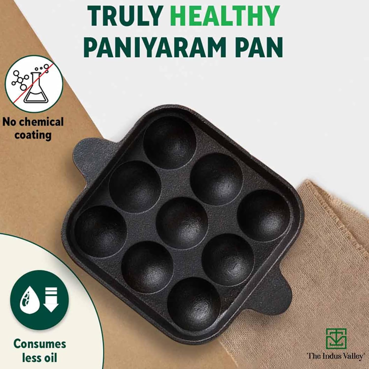 Pre-Seasoned Black Cast Iron Square Paniyaram Pan - 9 Pits, 24cm, 9.4 Inch, 1.3 Kg | Induction Friendly - Naturally Nonstick Appe Or Paddu Pan, 100% Pure & Toxin-Free, No Chemical Coating