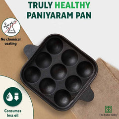 Pre-Seasoned Black Cast Iron Square Paniyaram Pan With Spatula - Small, 9 Pit, 9.4 Inch, 2.8 Kg | Induction Friendly - Nonstick Appe Or Paddu Pan,100% Pure & Toxin-Free, No Chemical Coating