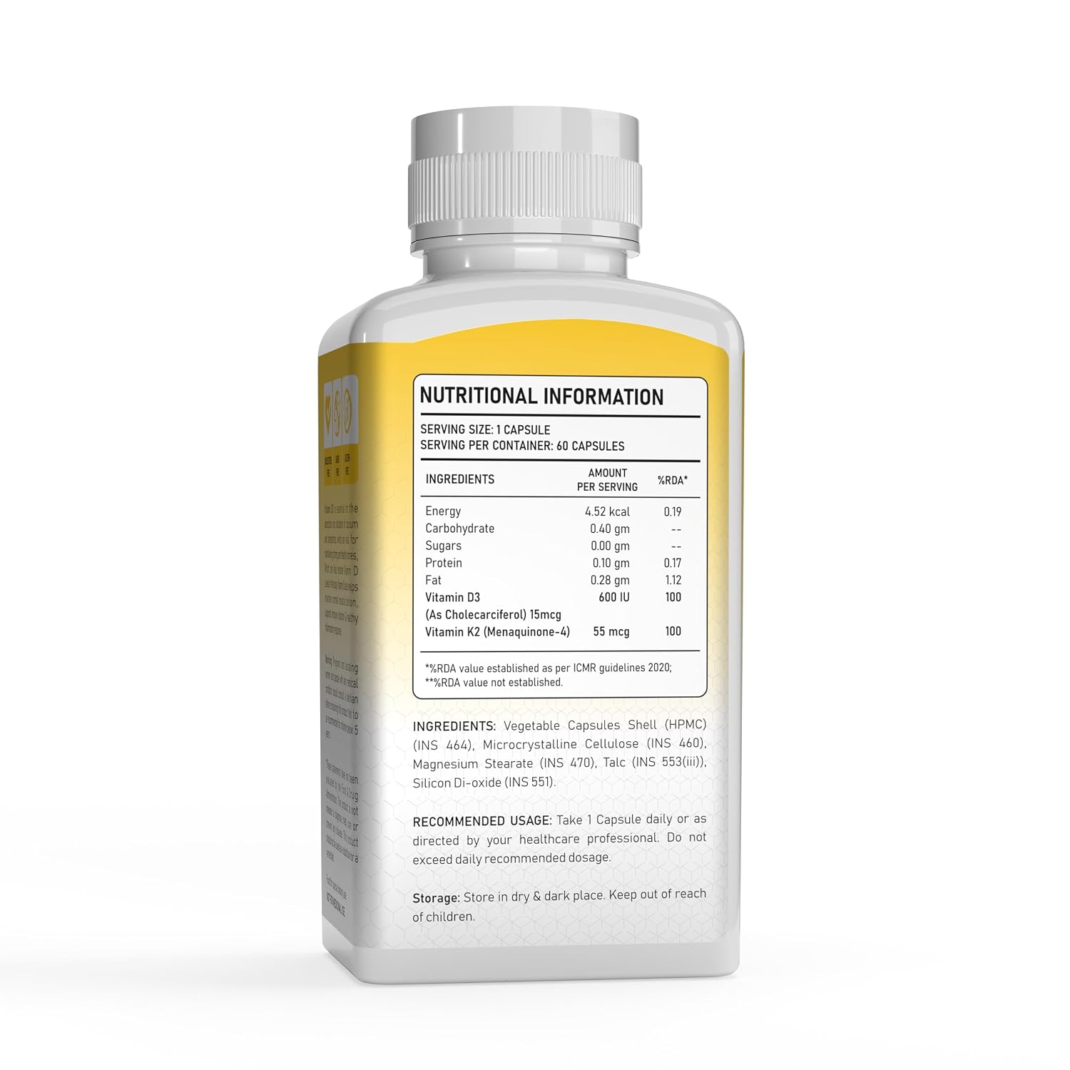 Gregus Vitamin D3 (600iu) + K2 (55mcg) Supplement | Essential For Strong Bones & Cardiovascular Support | 60 Capsules , 100gm 0.2lbs