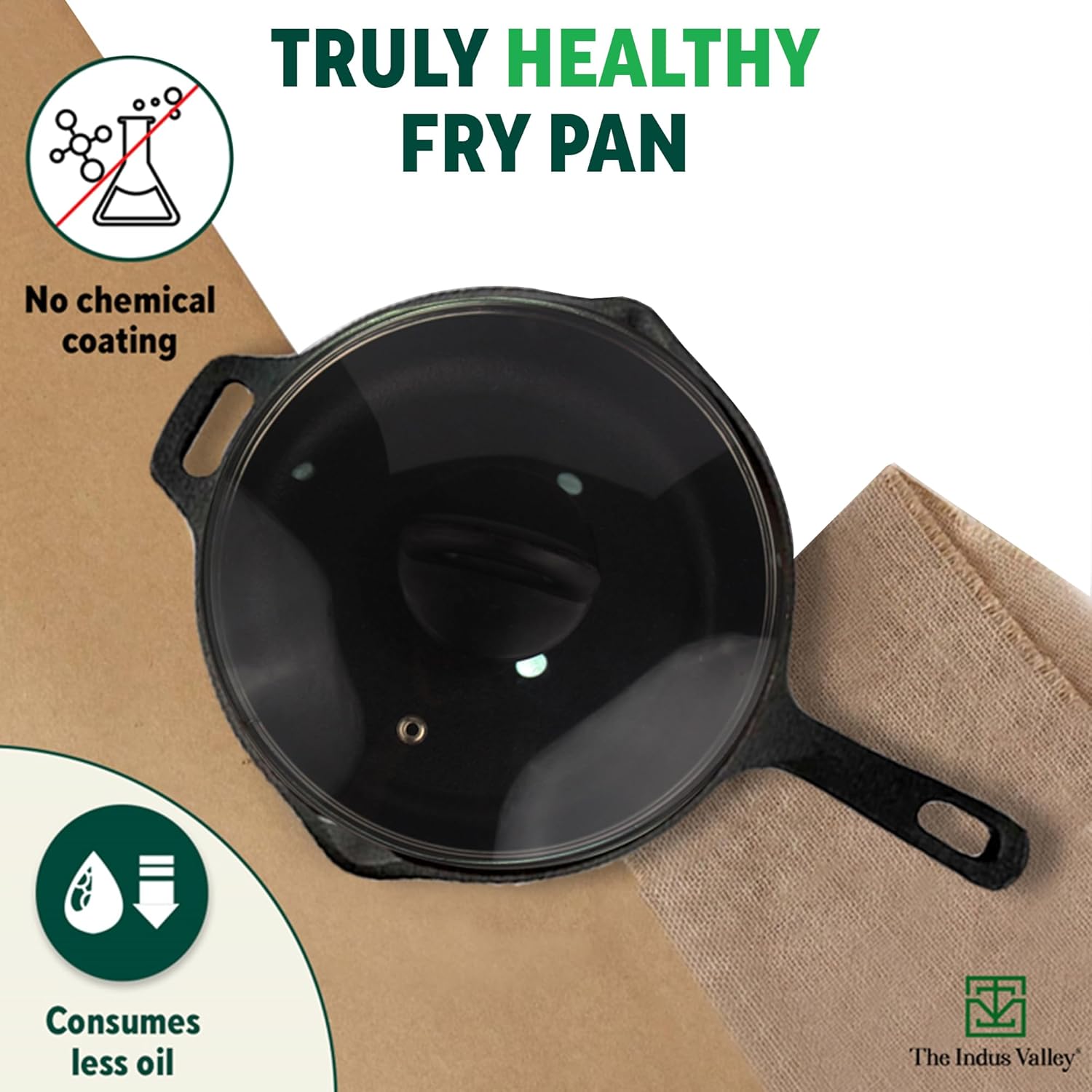 Super Smooth Black Cast Iron Fry Pan Or Skillet With Glass Lid - Small, 20.3cm, 8 Inch, 1.3 Liters, 2.3 Kg | Induction Friendly, Nonstick, Pre-Seasoned Fry Pan, 100% Pure & Toxin Free