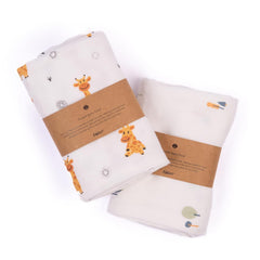 Haber Traditional Baby Muslin Bath Towel 160 Gsm | Organic Indian Cotton 4 Layer, Eco-Conscious & Safe Printed Cloth (Forest & Giraffe)- Pack Of 2