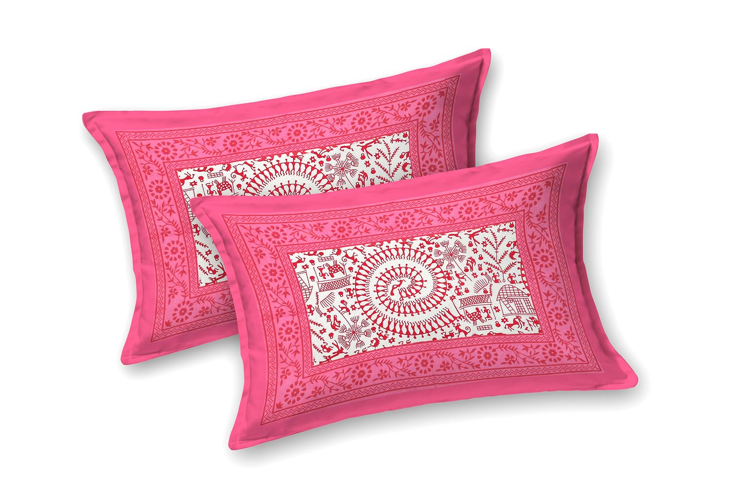 Printed Bedsheet For Double Bed With 2 Pillow Covers - 83 X 94 Inches, White & Pink | Ideal For Hotel, Guest House, Home | Traditional Jaipuri Bedsheets