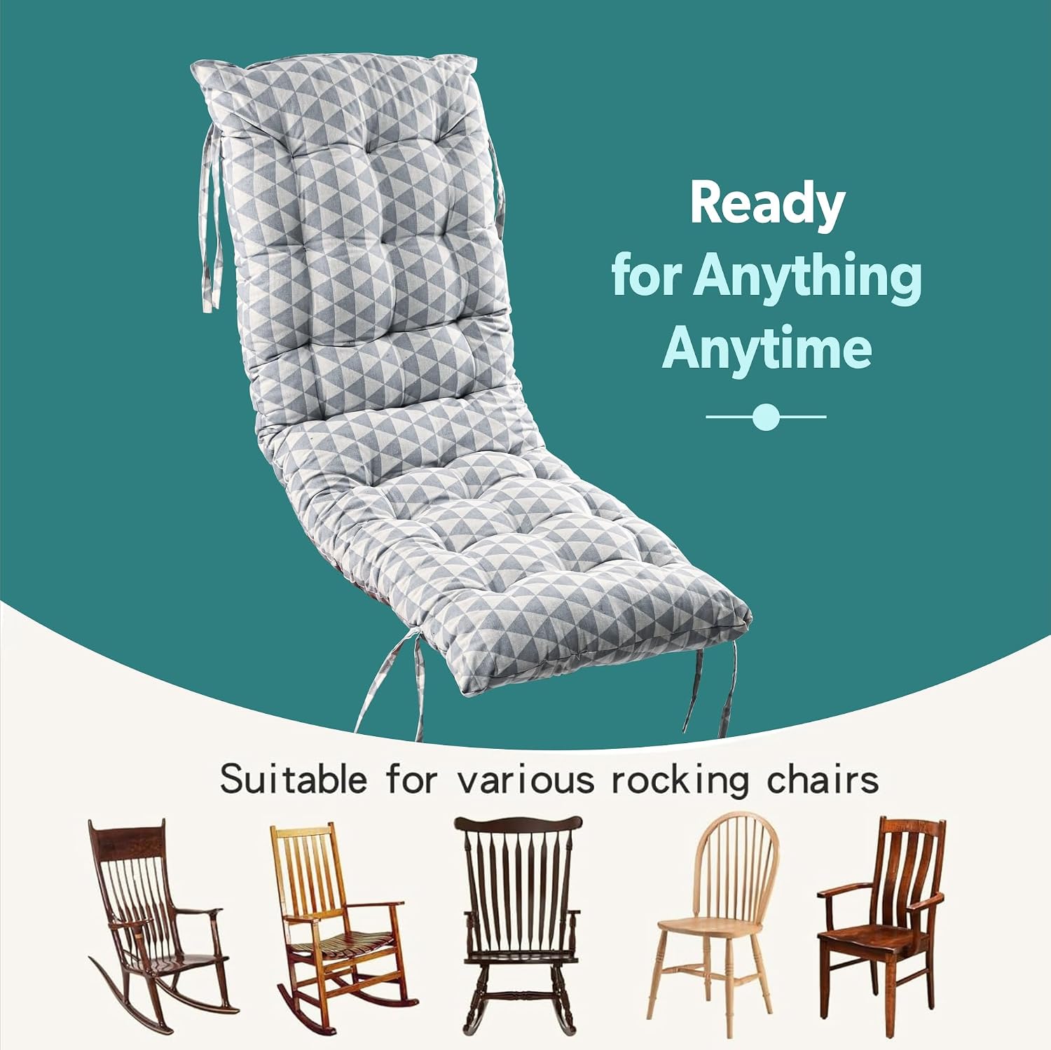 Extra Long Chair Cushion For Comfortable Sitting, Triangle Printed, Grey - 18 X 48 Inch | Rocking Chairs For Indoor & Outdoor | Cushion For Home, Office | Back Rest Support Cushion With Ties