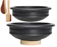 Deep Burned Uncoated Clay Pot Or Mitti Handi Combo With 2 Wooden Spatulas Complimentary Pack Of 2 - Black, 1 + 3 Liters | Pre-Seasoned Mud Pot - Unglazed, Double Fired, Hand Crafted