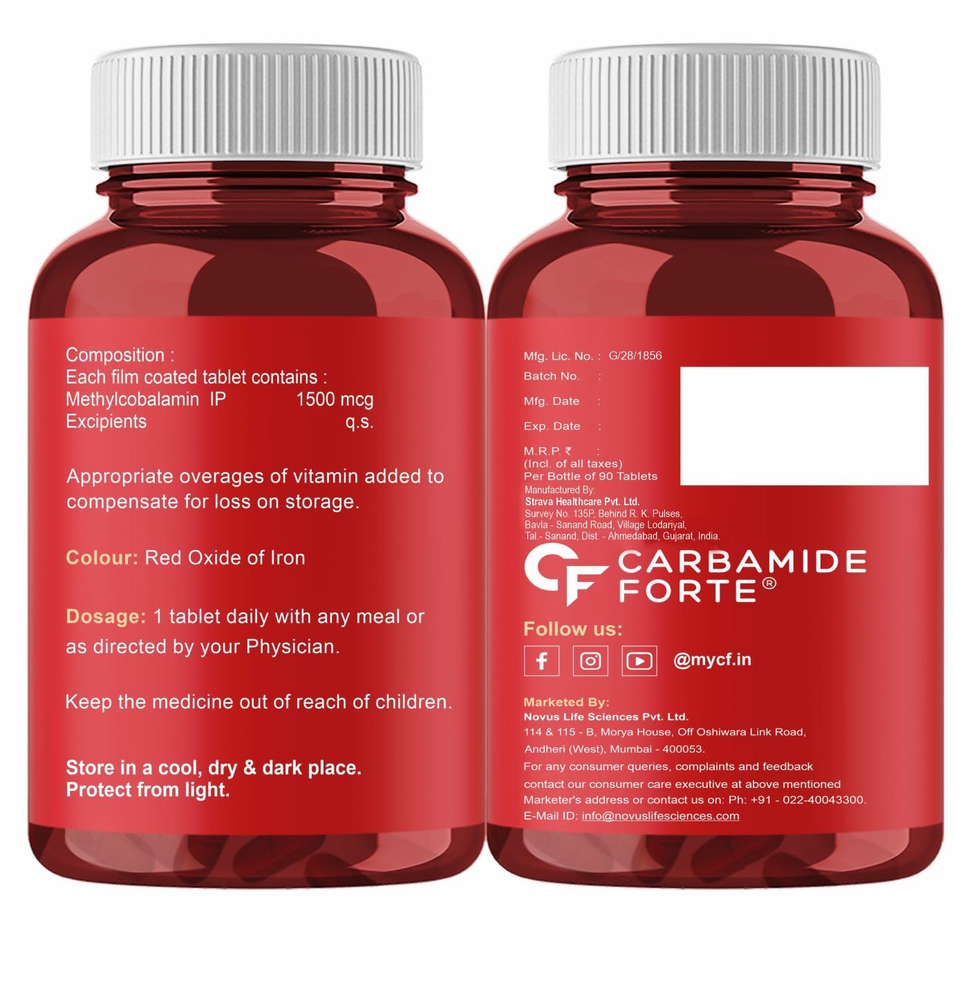 Carbamide Forte Vitamin B12 Tablets 1500mcg - Active Form Of Methylcobalamin B12 Supplement For Men & Women | 90 Veg Tablets 150gm 0.3lbs