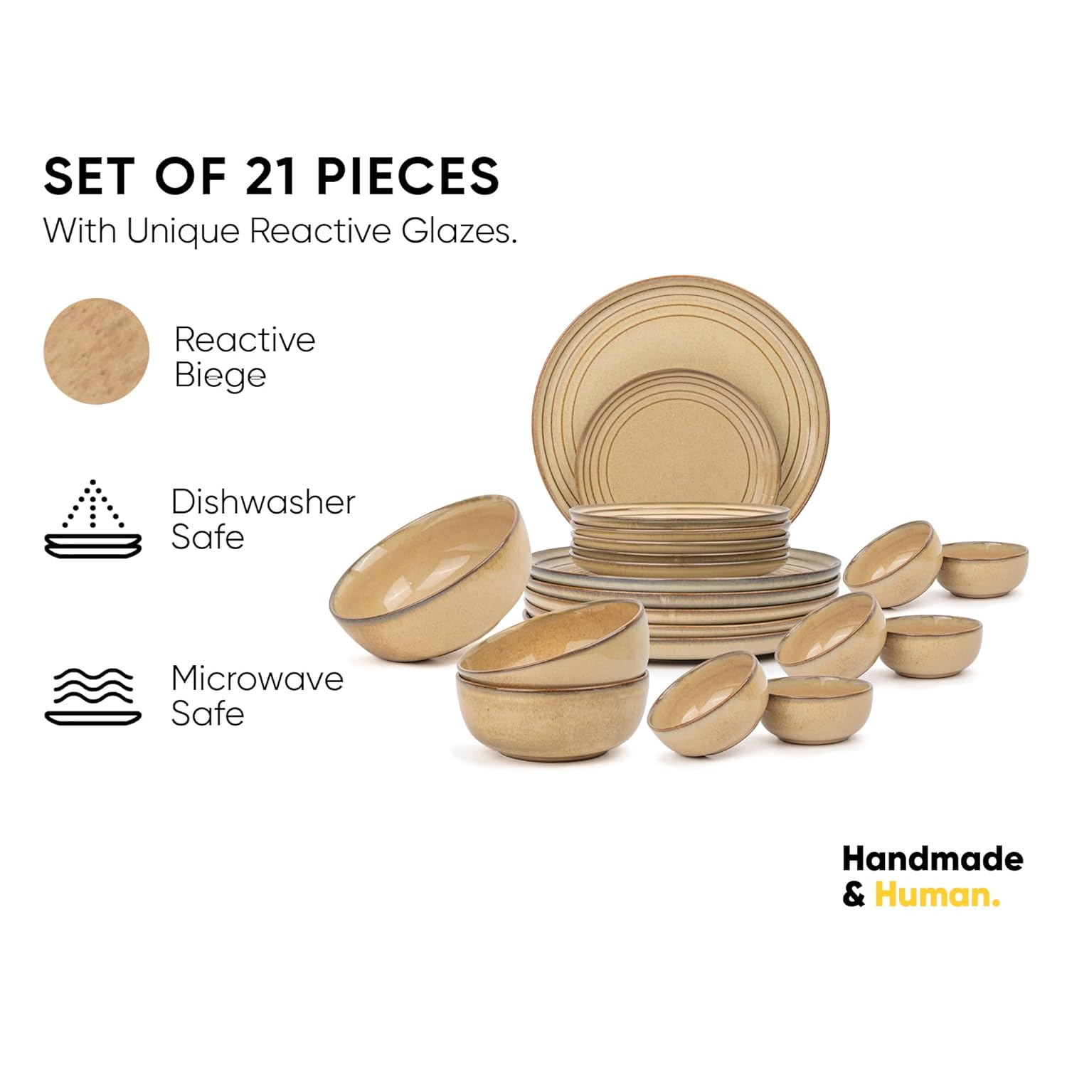 Ceramic Dinner Set Of 21 Pcs, Beige Reactive | Crockery Set, Dining Sets Crockery Items - 6 Dinner Plates+ 6 Quarter Plates+ 6 Veg Bowls, 180ml Each+ 2 Medium Bowls, 1000ml Each+ 1 Large Bowl, 1500ml