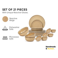 Ceramic Dinner Set Of 21 Pcs, Beige Reactive | Crockery Set, Dining Sets Crockery Items - 6 Dinner Plates+ 6 Quarter Plates+ 6 Veg Bowls, 180ml Each+ 2 Medium Bowls, 1000ml Each+ 1 Large Bowl, 1500ml