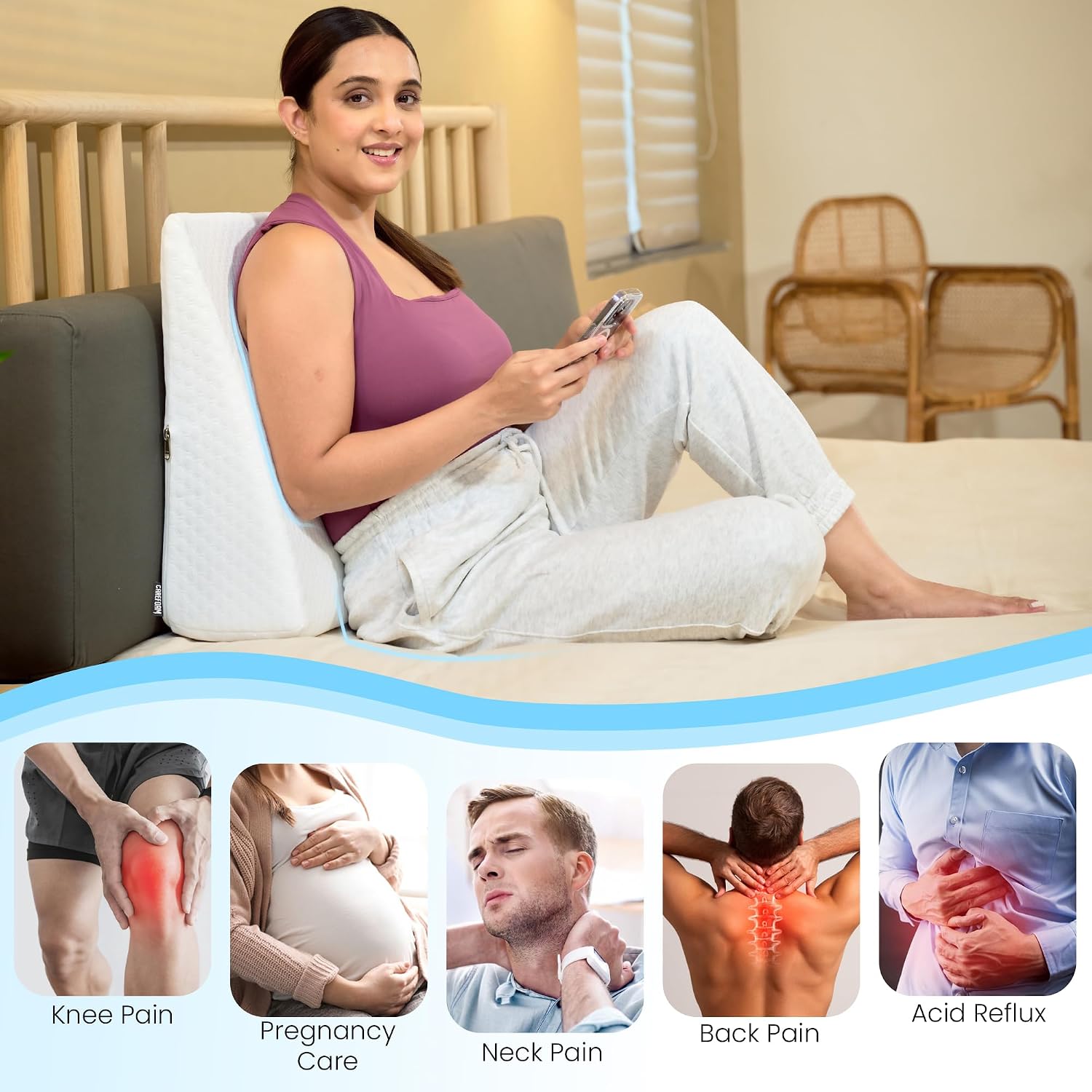 Wedge Pillow Memory Foam For Back Support, White, Wedge Medium Size - 20 X 20 X 7 Inch | Wedge Cushion Pillow, Acid Reflux, Snoring, Gerd, Leg Elevation, Pregnancy, Washable Cover