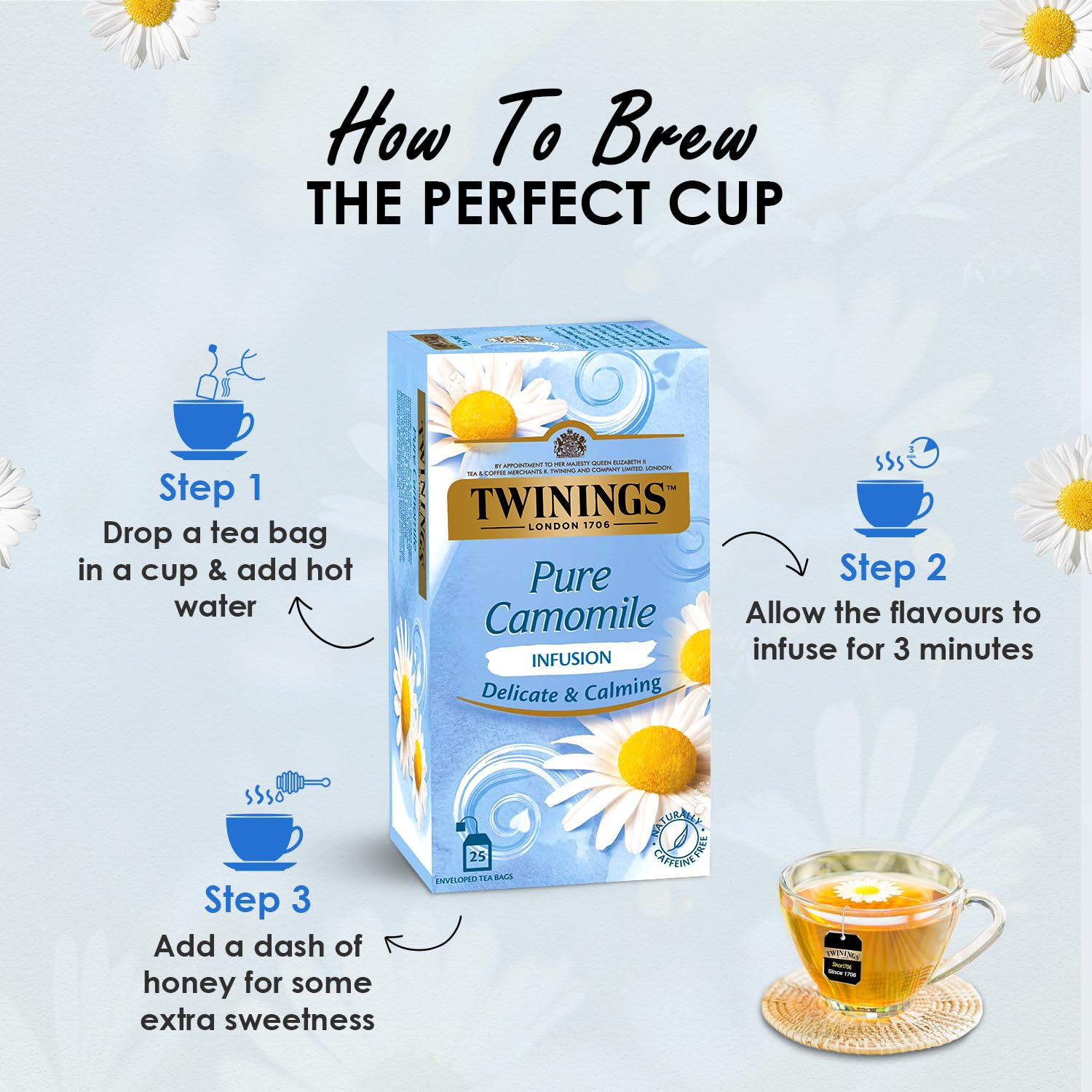 Twinings Pure Chamomile Infusion Delicate & Calming Tea - 25 Envelope Tea Bags | Promotes Good Sleep, Stress Relief, Relax - Light & Gentle Taste, Caffeine Free