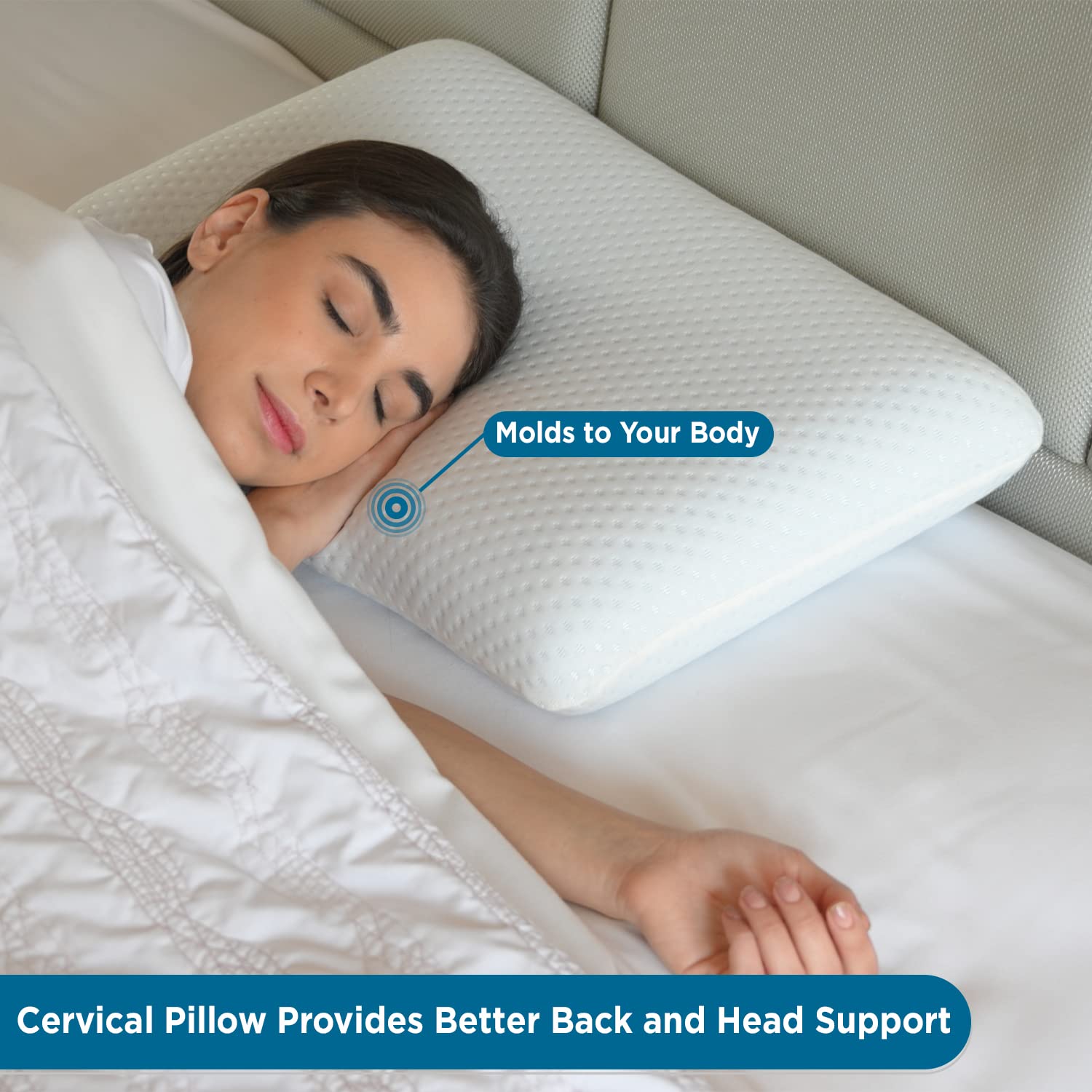 Cervical Memory Foam Pillow, For Neck Pain Relief, White, Standard Size - 23 L X 14.5 W X 4 H Inch | Neck & Head Support, Orthopedic Pillow, Washable Cover | Contour Pillow - Pack Of 2