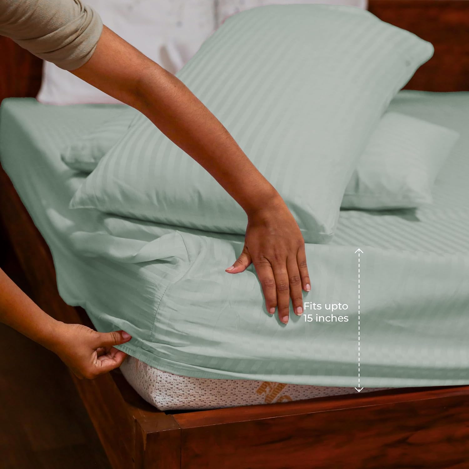 Stripe Cotton Fitted King Bedsheet With 2 Pillow Covers - 72x78 Inches, Sage Green | 12"Deep Pocket-1 Elastic Fitted-Sateen Weave Premium Bedding Set For Double Bed