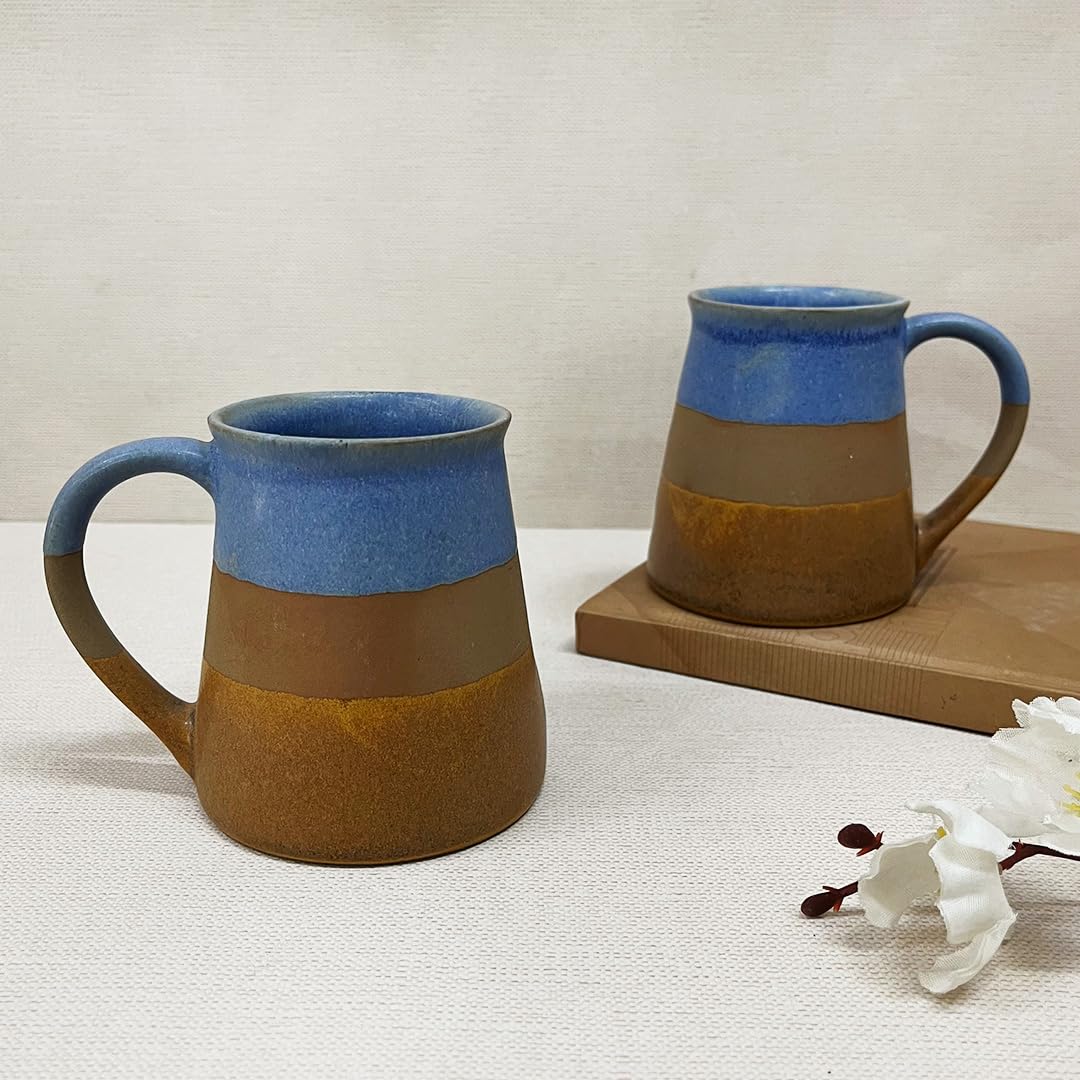 Tri Color Funnel Ceramic Coffee Mug Set Of 2 Pieces - 330ml Each | Studio Pottery Ceramic Mugs For Coffee, Tea, Milk - Microwave Safe & Leak Proof