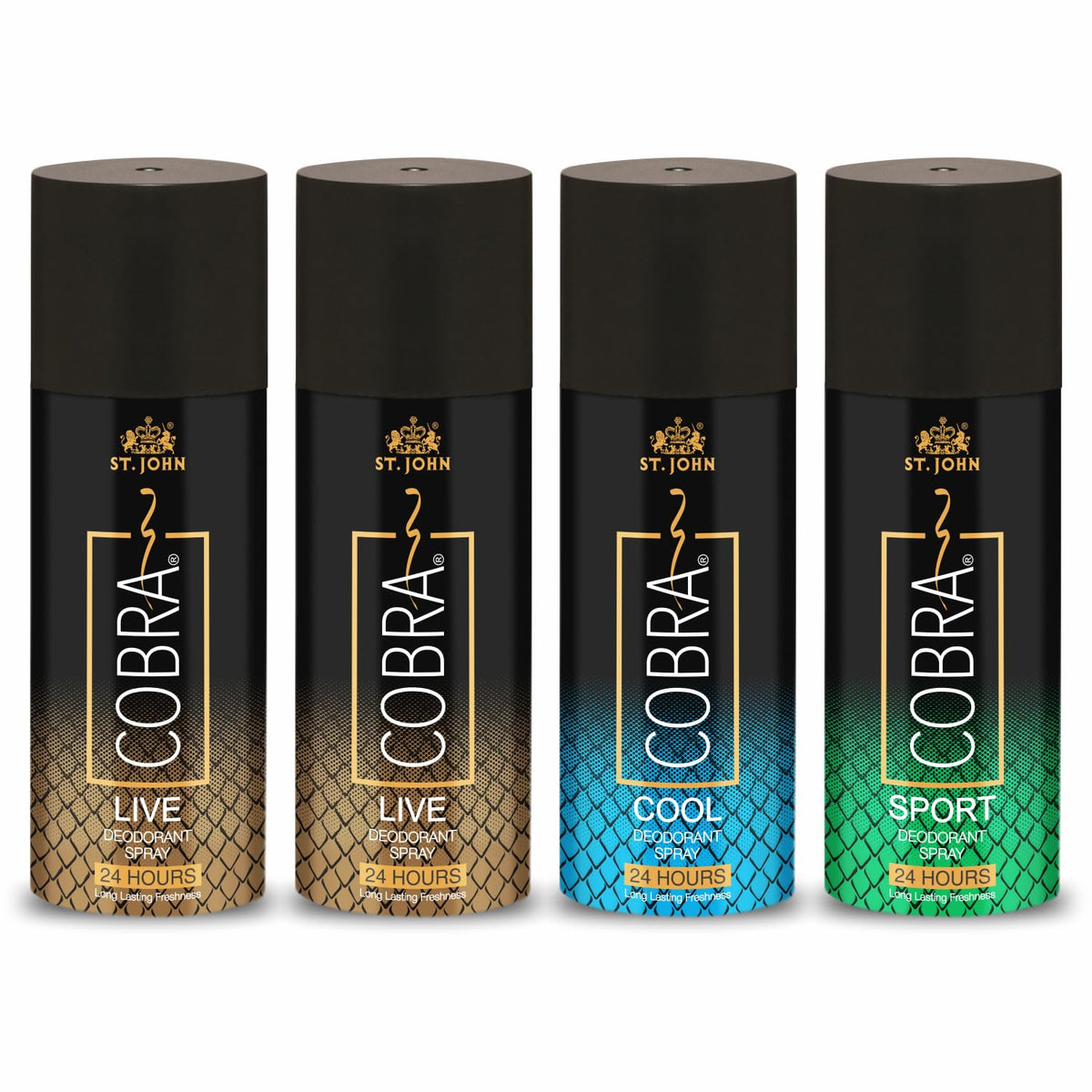 St. john Cobra Live + Live + Cool &  Sports Deodorant Body Spray 600ml 20.2 Fl.oz. Pack Of 4 | Perfect Gift Set Perfume For Men & Women