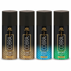 St. John Cobra Live + Live Cool & Sports Deodorant Spray 600ml 20.2 Fl.oz. Pack Of 4 | 24hour Long Lasting Fragrance For Men & Women