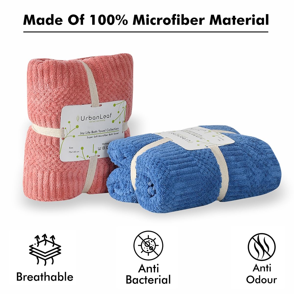 Urbanleaf Microfiber Large Bath Towel 1kg | Quick Dry Super Absorbent Bath Towel For Men & Women | Pack Of 2 (Blue & Coral)