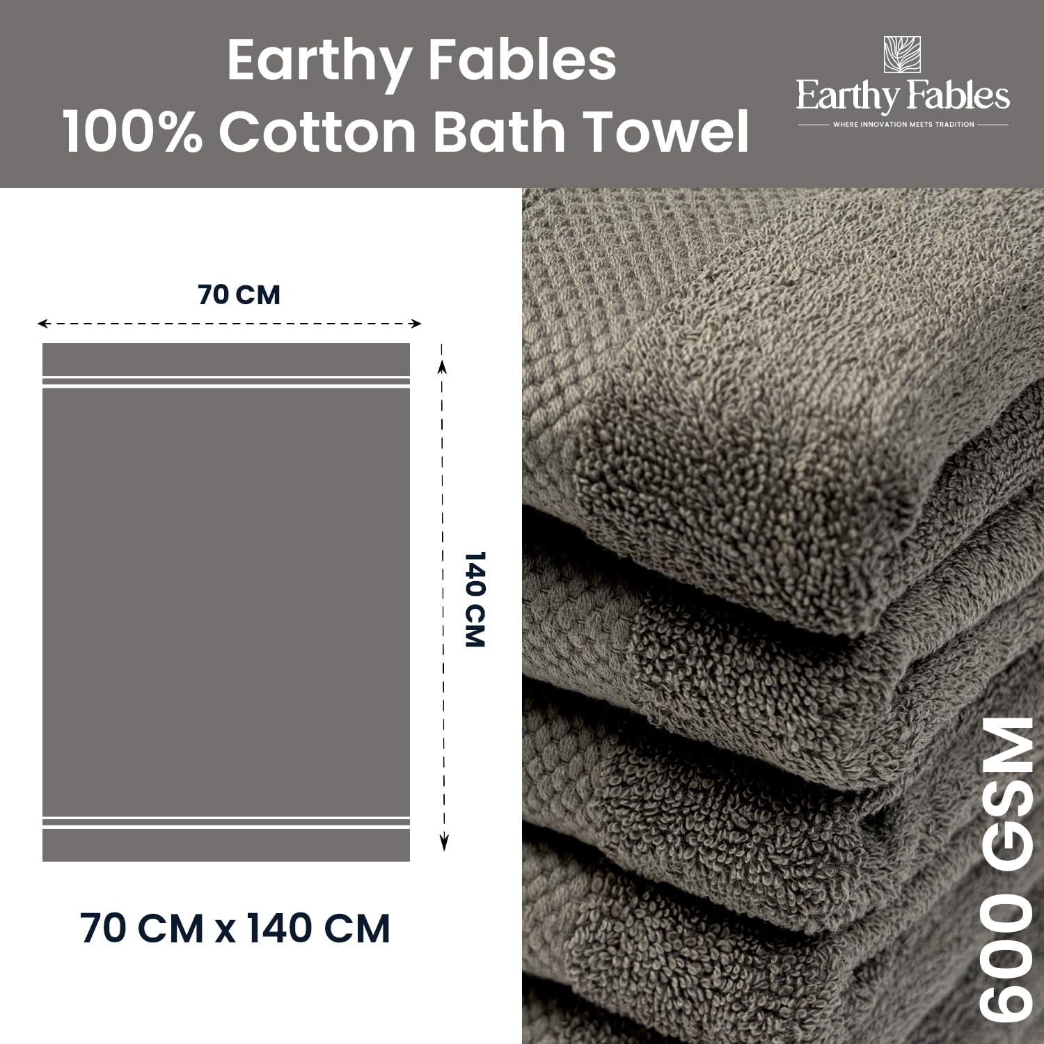Earthy Fables Premium Bath Towel 600 Gsm | 100% Combed Cotton Ultra Soft, Quick Dry & Highly Absorbent For Home, Travel & Acne-Prone Skin | 140 X 70 Cm (Grey)