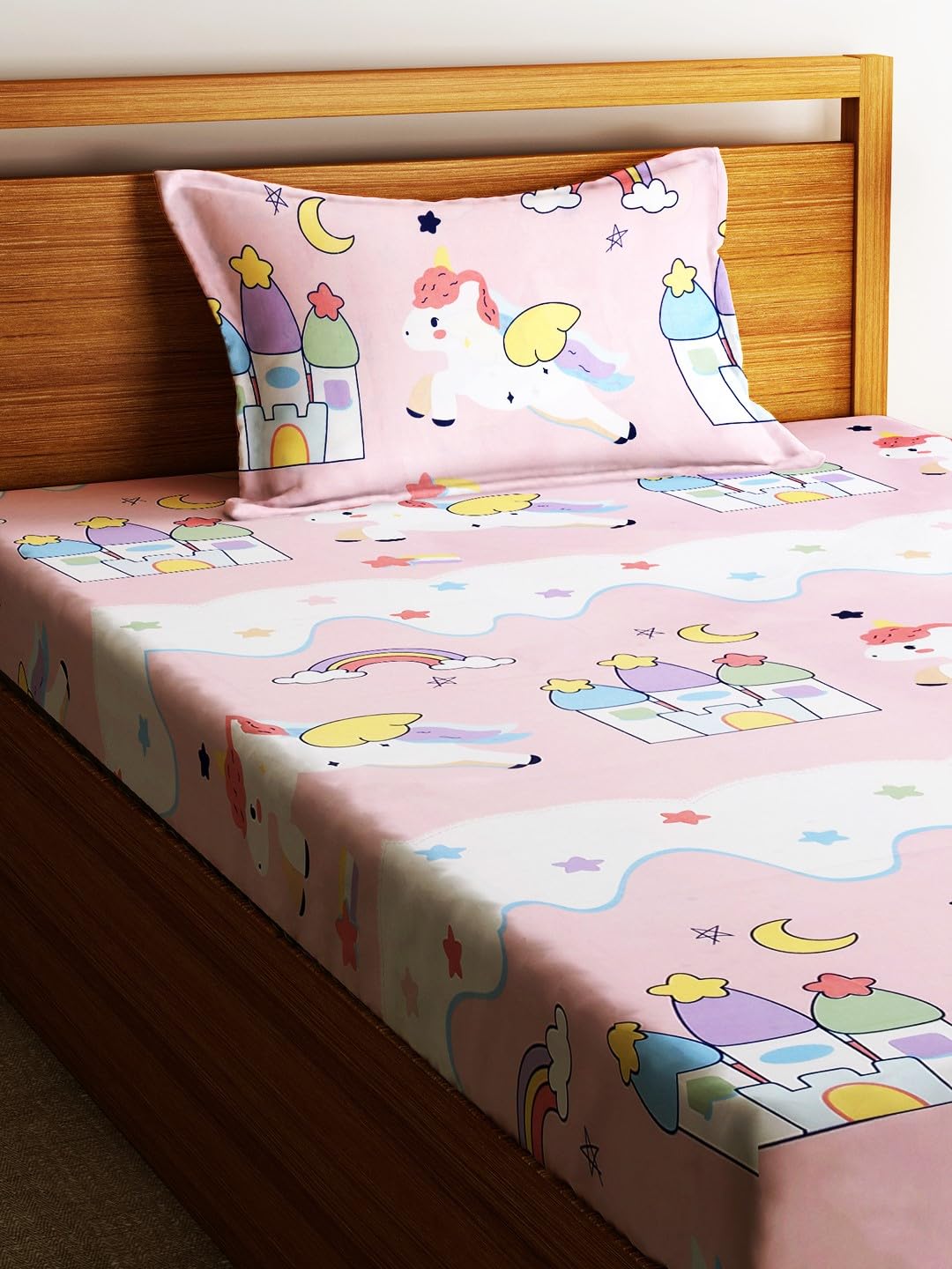 Kids Unicorn Single Bedsheet With 1 Pillow Cover - 55 X 86 Inches, Baby Pink | Durable, Long Lasting Fabric | Soft To Touch And Comfortable