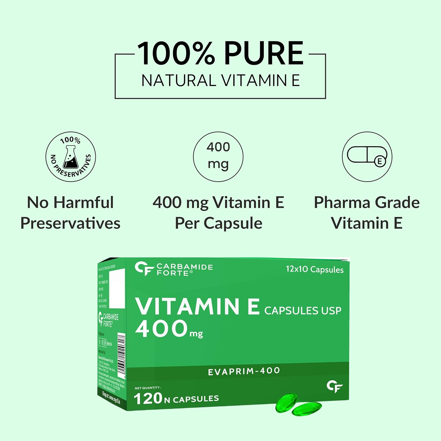 Carbamide Forte 400mg Vitamin E Capsules For Face And Hair 100% Natural Vitamin E Paraben Free | 120 Capsules , 250gm 0.5lbs