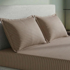 Beige Stripe Flat Double Bedsheet (90 X 92 Inches) With 2 Pillow Covers | Soft To Touch & Comfortable | 300 Thread Count