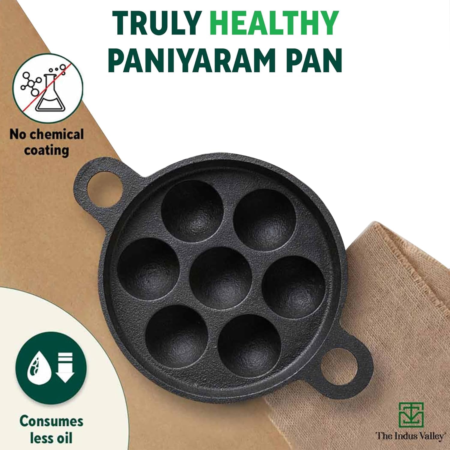 Super Smooth Black Cast Iron Paniyaram Pan With Free Wooden Picker - 7pit, 19 Cm, 7.4 Inch, 2.2 Kg | Induction Friendly, Pre-Seasoned Paddu Pan, 100% Pure & Toxin-Free, No Chemical Coating