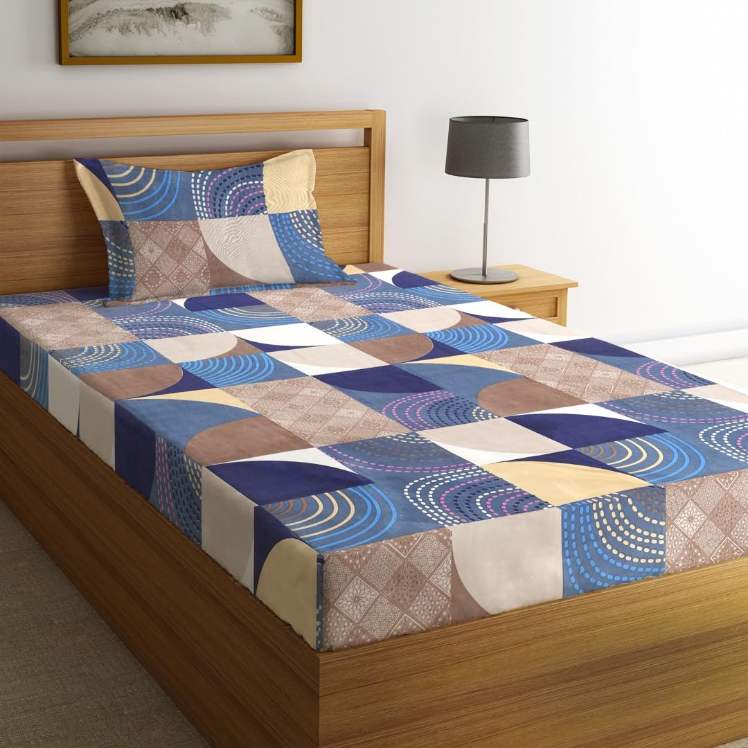 144 TC Microfiber Single Bedsheet With 1 Pillow Cover - 55 X 86 Inches, Blue & Brown | Soft To Touch & Comfortable | Natural Resistance To Shrinkage & Wrinkles