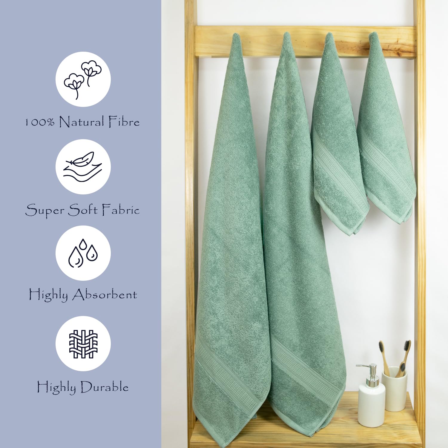 Rangoli 100% Cotton Fibre 2 Bath & 2 Hand Towel 1400 Gsm | Highly Durable & Super Absorbent Towel | Skin-Friendly & Quick Drying Luxury Towels (Mint Green) - Pack Of 4